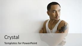  Presentation with shoulder - Slide deck featuring portrait of asian young adult man leaning against white wall with arms crossed looking over shoulder background and a light gray colored foreground