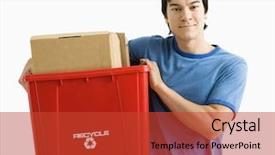  Presentation with bin - Cool new slides with portrait of asian young man standing holding recycling bin backdrop and a red colored foreground