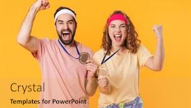  Presentation with award - Amazing slide deck having portrait-of-athletic-young-happy backdrop and a yellow colored foreground