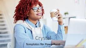  Presentation with takeaway coffee - Presentation theme with portrait of attractive african american woman with red curly hair sitting at laptop with takeaway coffee and smiling dreamily background and a light blue colored foreground