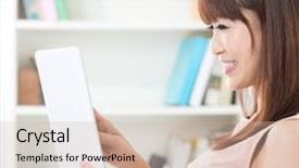  Presentation with using digital tablet - Amazing PPT theme having portrait of attractive asian girl using digital tablet and smiling happily young woman indoors living lifestyle at home backdrop and a soft green colored foreground