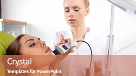  Presentation with facial - Colorful slide deck enhanced with portrait of attractive beautiful young adult brunette woman having a stimulating facial treatment from a therapist on the table in professional clinic spa backdrop and a coral colored foreground