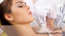  Presentation with facial - Audience pleasing PPT layouts consisting of portrait of attractive beautiful young adult brunette woman having a stimulating facial treatment from a therapist on the table in professional clinic spa backdrop and a coral colored foreground