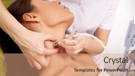  Presentation with facial - PPT layouts enhanced with portrait of attractive beautiful young adult brunette woman having a stimulating facial treatment from a therapist on the table in professional clinic spa background and a coral colored foreground