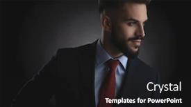  Presentation with navy - PPT theme having portrait of attractive businessman in navy suit and red tie looking to side while standing on black background background and a black colored foreground