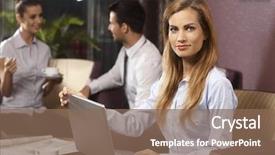  Presentation with sitting posture and computer ergonomics - Amazing presentation theme having portrait of attractive businesswoman working on laptop computer sitting in bar backdrop and a violet colored foreground