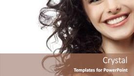  Presentation with skin - Theme with portrait of attractive caucasian smiling woman brunette isolated on white studio shot head and shoulders face skin hand hair looking at camera background and a tawny brown colored foreground