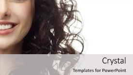  Presentation with hair brush - Audience pleasing theme consisting of portrait of attractive caucasian smiling woman brunette isolated on white studio shot head and shoulders face skin hand hair looking at camera brush backdrop and a light gray colored foreground