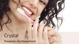  Presentation with tooth brush - Presentation consisting of portrait of attractive caucasian smiling woman brunette isolated on white studio shot tooth brush background and a coral colored foreground