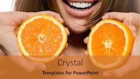  Presentation with orange fruit - Colorful PPT theme enhanced with portrait of attractive caucasian smiling woman isolated on white studio shot with orange fruit backdrop and a gold colored foreground