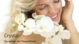  Presentation with orchids - Colorful presentation enhanced with portrait of attractive caucasian smiling woman blond isolated on white studio shot flower orchids toothy smile face long hair head and shoulders l backdrop and a coral colored foreground