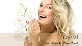 Presentation with orchids - Colorful PPT theme enhanced with portrait of attractive caucasian smiling woman blond isolated on white studio shot orchids flower toothy smile face long hair head and shoulders looking at camera backdrop and a coral colored foreground