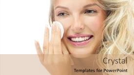  Presentation with cotton - Presentation design with portrait of attractive caucasian smiling woman blond isolated on white studio shot toothy smile face long hair head and shoulders cotton disc cleaning face applying cream background and a coral colored foreground