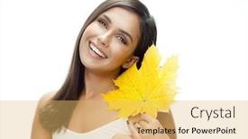  Presentation with maple leaf - Slide deck consisting of portrait of attractive caucasian smiling woman isolated on white studio shot with yellow maple autumn leaf background and a yellow colored foreground