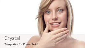  Presentation with lips - Colorful presentation theme enhanced with portrait of attractive caucasian smiling woman blond isolated on white studio shot lips toothy smile face long hair head and shoulders looking at camera tooth blue eyes hand backdrop and a lemonade colored foreground