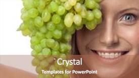  Presentation with happy smiling woman dental health - Cool new theme with portrait of attractive caucasian smiling woman isolated on white studio shot eating grapes backdrop and a red colored foreground