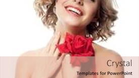  Presentation with rose flower - Presentation with portrait of attractive caucasian smiling young woman blond isolated on white studio shot with rose flower red dress background and a coral colored foreground