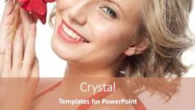  Presentation with rose flower - Audience pleasing slide deck consisting of portrait of attractive caucasian smiling young woman blond isolated on white studio shot with red rose flower backdrop and a coral colored foreground