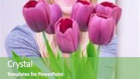  Presentation with love romance - Colorful PPT layouts enhanced with portrait of attractive cheerful female showing fresh purple tulip bouquet happy morning in valentine day love and romance concept backdrop and a seafoam green colored foreground