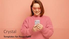  Presentation with gadget - Presentation design consisting of portrait-of-attractive-cheerful-woman background and a coral colored foreground