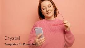  Presentation with gadget - Presentation design having portrait-of-attractive-cheerful-woman background and a coral colored foreground