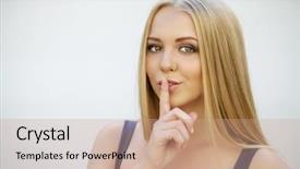  Presentation with show - PPT theme with portrait of attractive girl with finger on lips concept of student show quiet silence secret gesture young pretty blonde woman in green dress background and a coral colored foreground