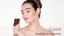  Presentation with chocolate milk - Cool new slide set with portrait of attractive half-naked woman with dark hair enjoying sweets eating bar of milk chocolate over white background backdrop and a lemonade colored foreground