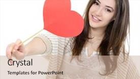  Presentation with happy holiday - Theme consisting of portrait of attractive happy smiling teen girl with red heart love holiday valentine symbol over white background background and a coral colored foreground