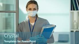  Presentation with facial - Colorful slide deck enhanced with portrait-of-attractive-lab-researcher backdrop and a ocean colored foreground