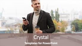  Presentation with man holding phone - Cool new PPT theme with portrait of attractive man 30s backdrop and a gray colored foreground