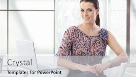  Presentation with woman office desk - Cool new PPT theme with portrait of attractive office assistant woman sitting at desk with laptop smiling at camera confidently backdrop and a light gray colored foreground