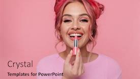  Presentation with lipstick - Beautiful PPT theme featuring portrait-of-attractive-woman-laughing backdrop and a coral colored foreground