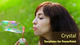  Presentation with soap - Beautiful slides featuring portrait of attractive young girl inflating colorful soap bubbles outdoor backdrop and a tawny brown colored foreground