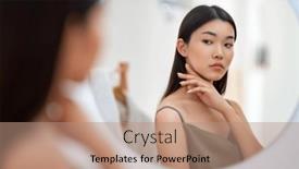  Presentation with self reflection - PPT theme featuring portrait-of-attractive-young-woman background and a coral colored foreground