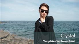  Presentation with black sea - Slides having portrait of attractive young woman in sunglasses and black coat standing near the sea background and a ocean colored foreground