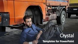  Presentation with auto - Slides enhanced with portrait of auto mechanic in his workshop background and a tawny brown colored foreground