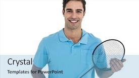  Presentation with badminton - Theme having portrait of badminton player holding badminton racket on white background background and a light blue colored foreground