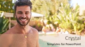  Presentation with summer party - Presentation design with portrait-of-bare-chested-hispanic background and a coral colored foreground
