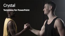  Presentation with basketball players - Presentation theme enhanced with portrait of basketball players shaking hands on a gym background and a black colored foreground