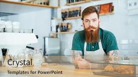  Presentation with coffee shop - PPT theme with portrait of bearded male barista background and a soft green colored foreground