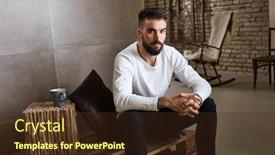  Presentation with pallet - Presentation theme consisting of portrait of bearded man sitting on pallet furniture at home background and a tawny brown colored foreground