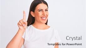  Presentation with isolated paw prints over white - Presentation design enhanced with portrait of beautiful and young brunette woman standing over isolated white background showing and pointing up with finger number one while smiling confident and happy background and a sky blue colored foreground