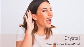  Presentation with listening woman - Cool new PPT theme with portrait-of-beautiful-and-young backdrop and a coral colored foreground