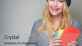  Presentation with colorful hands - Slides featuring portrait of beautiful blond student girl wearing stylish hat and holding in hands colorful books standing over gray background background and a light gray colored foreground