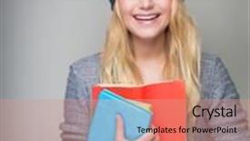  Presentation with colorful hands - PPT theme enhanced with portrait of beautiful blond student girl wearing stylish hat and holding in hands colorful books standing over gray background background and a coral colored foreground