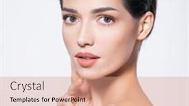  Presentation with skin health - PPT theme having portrait-of-beautiful-brunette-girl background and a coral colored foreground