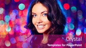  Presentation with sparkling - Beautiful slides featuring portrait of beautiful brunette looking at camera with toothy smile over sparkling background backdrop and a violet colored foreground