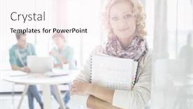  Presentation with files - PPT theme consisting of portrait of beautiful businesswoman holding files with colleagues working in background at creative office background and a sky blue colored foreground