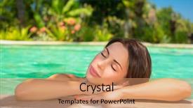  Presentation with luxury resort - Audience pleasing PPT theme consisting of portrait of beautiful calm woman with closed eyes relaxing in the pool spending summer vacation on luxury spa resort backdrop and a coral colored foreground