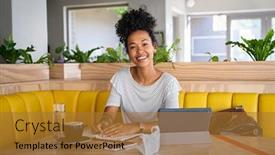  Presentation with using digital tablet - Slide set enhanced with portrait-of-beautiful-casual-girl background and a gold colored foreground